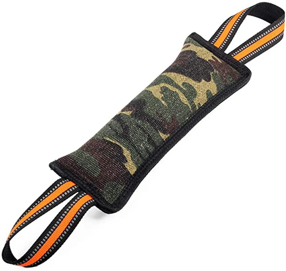 Long yellow-edged jute dog bite stick with reflective strips for tug training.