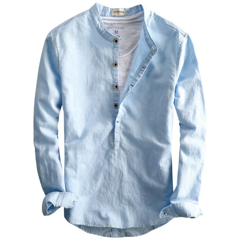 Men's casual long linen sleeves shirt loose solid colour light gray front view