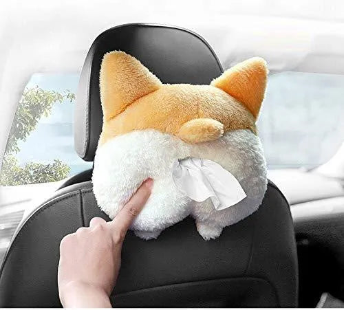 Yellow soft plush corgi butt-shaped tissue box cover with elastic back for car visor.