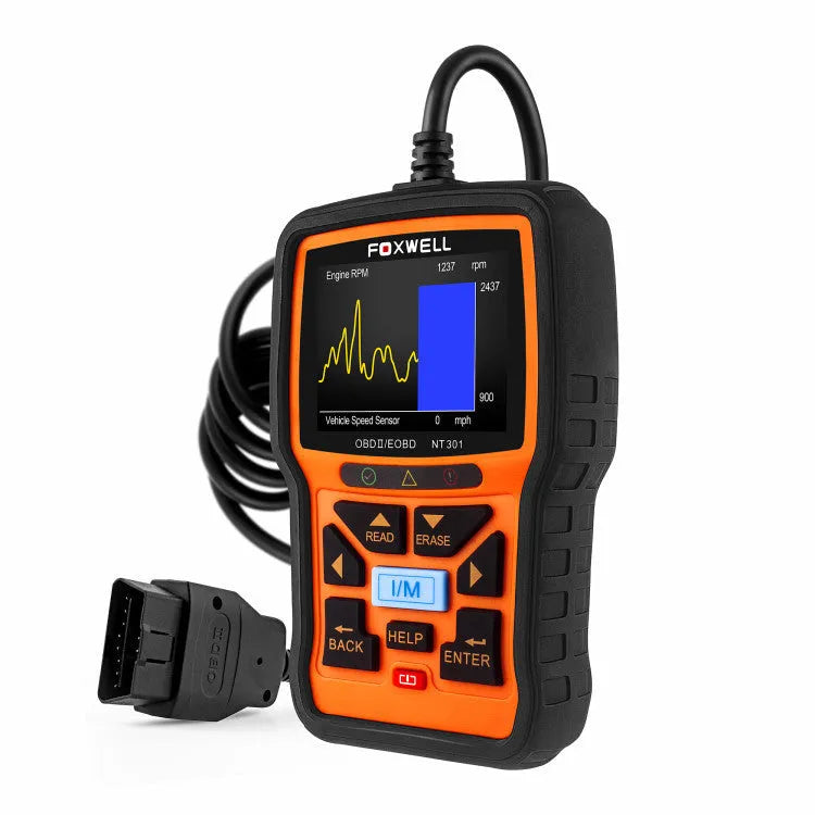 Orange vehicle diagnostic tool with 2.8 inch TFT colour screen showing diagnostic data, dimensions 145x94x32 mm