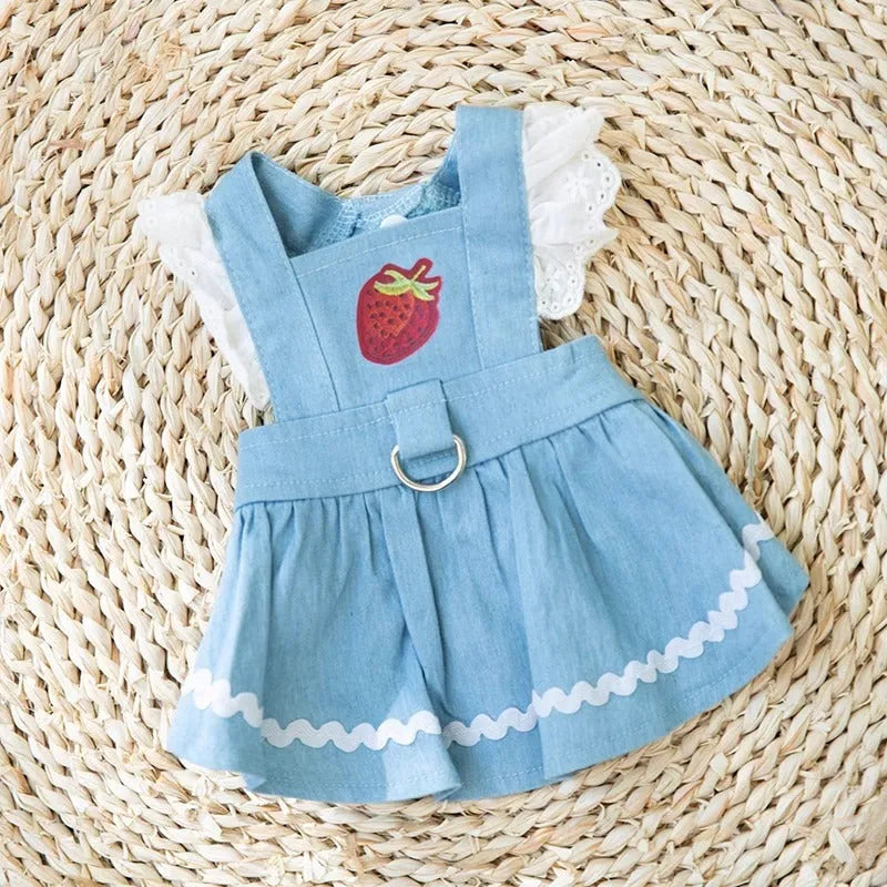 Bondi Blue strawberry print denim skirt dog clothes with traction appliqué for small dogs