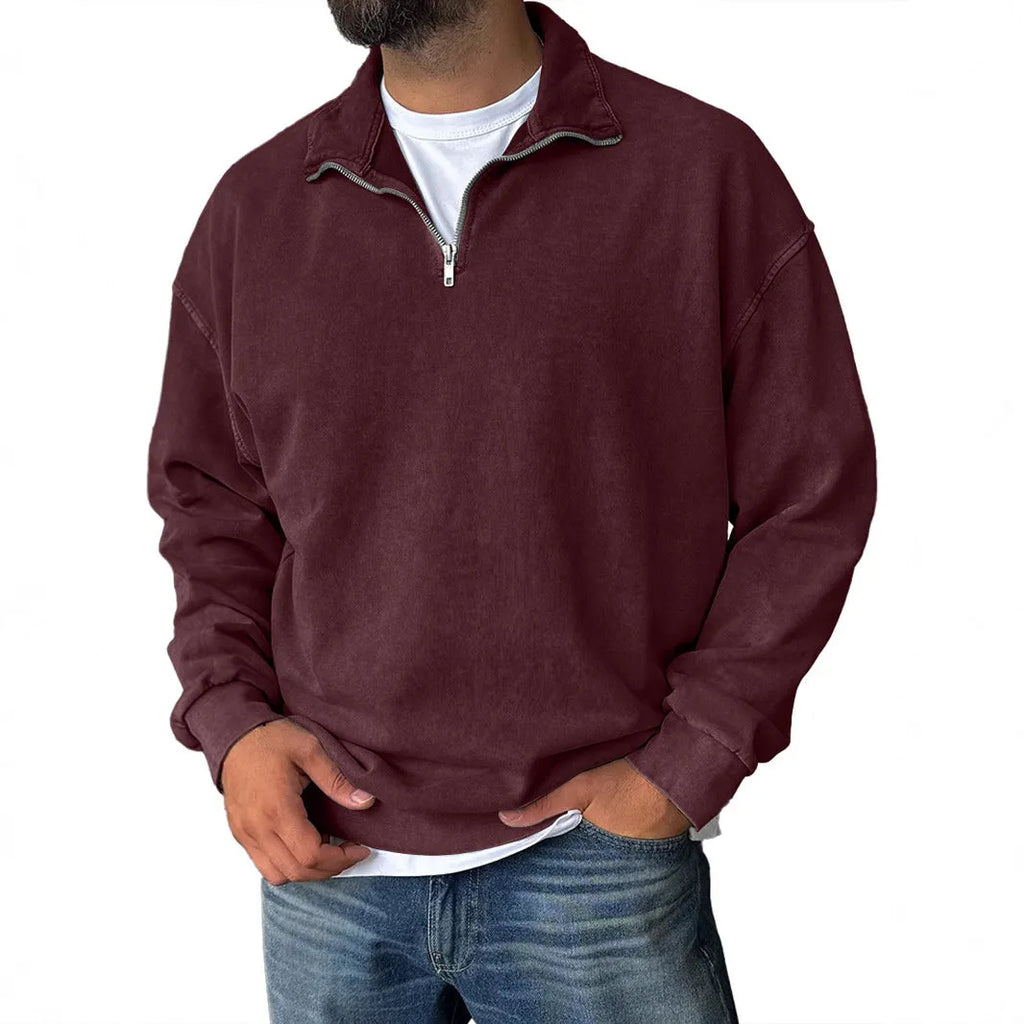 Men's loose drop shoulder cotton sweatshirt in solid colour, stone wash finish, long sleeves