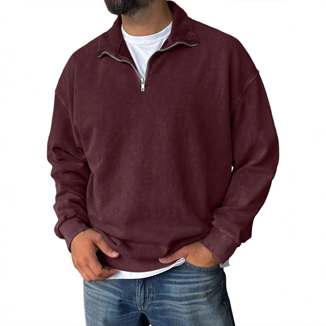 Men's loose drop shoulder cotton sweatshirt in solid colour, stone wash finish, long sleeves