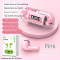 Wireless Bluetooth earbuds with transparent design in a charging case that has a digital battery display.