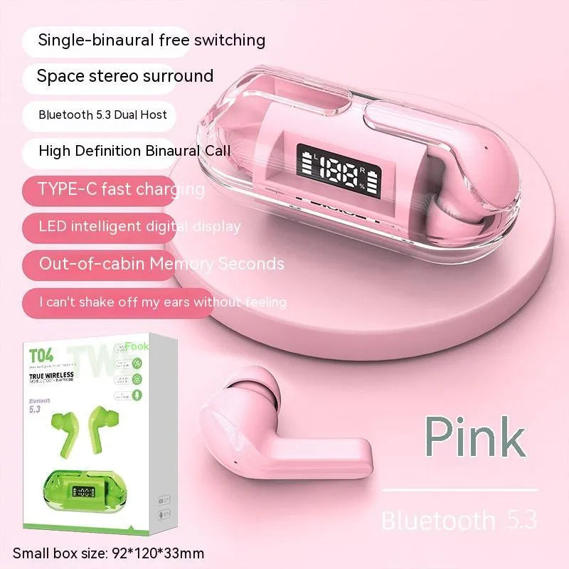 Wireless Bluetooth earbuds with transparent design in a charging case that has a digital battery display.