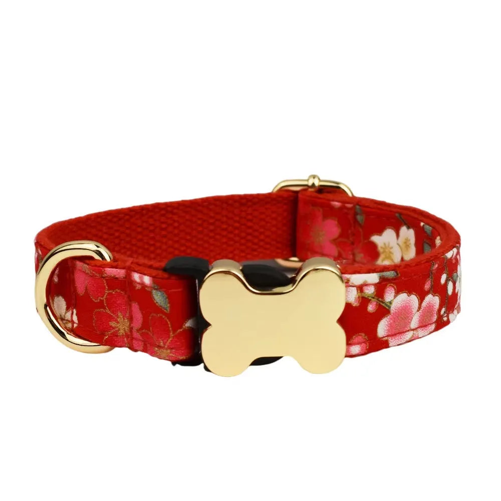Flat nylon dog collar with printed grid pattern and bone-shaped buckle in multiple colour options.