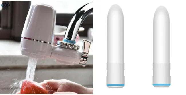 White plastic faucet water filter unit with adapters and ceramic cartridge for kitchen tap installation.
