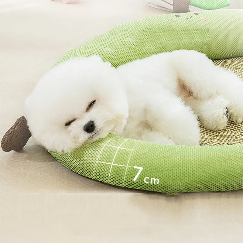 Green fruit-pattern pet cooling mat with backrest nest for dogs and cats in size L.