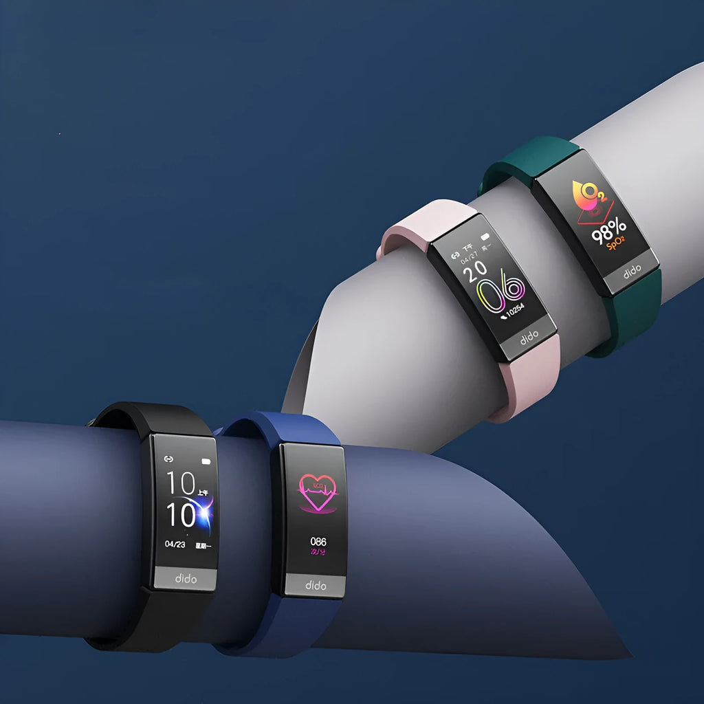 Black smart health bracelet with 1.1-inch screen displaying ECG graph, blood pressure, and heart rate readings on wrist.