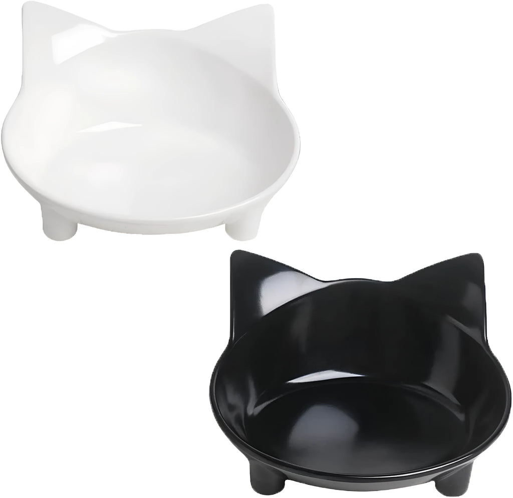 Black and white shallow melamine cat bowls with non-slip rubber bases