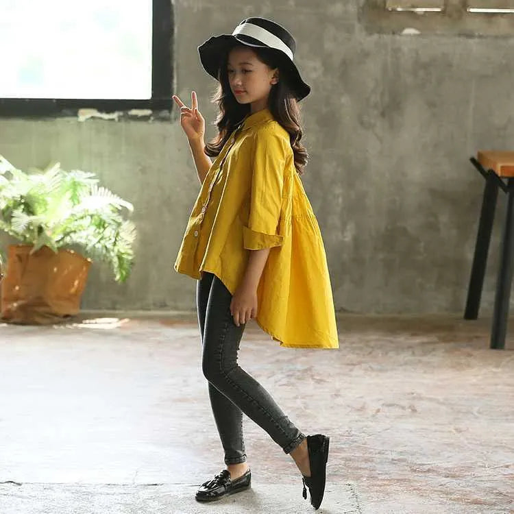 Girls' cotton Korean style top with swallowtail hem in white or yellow, sizes 110-165cm