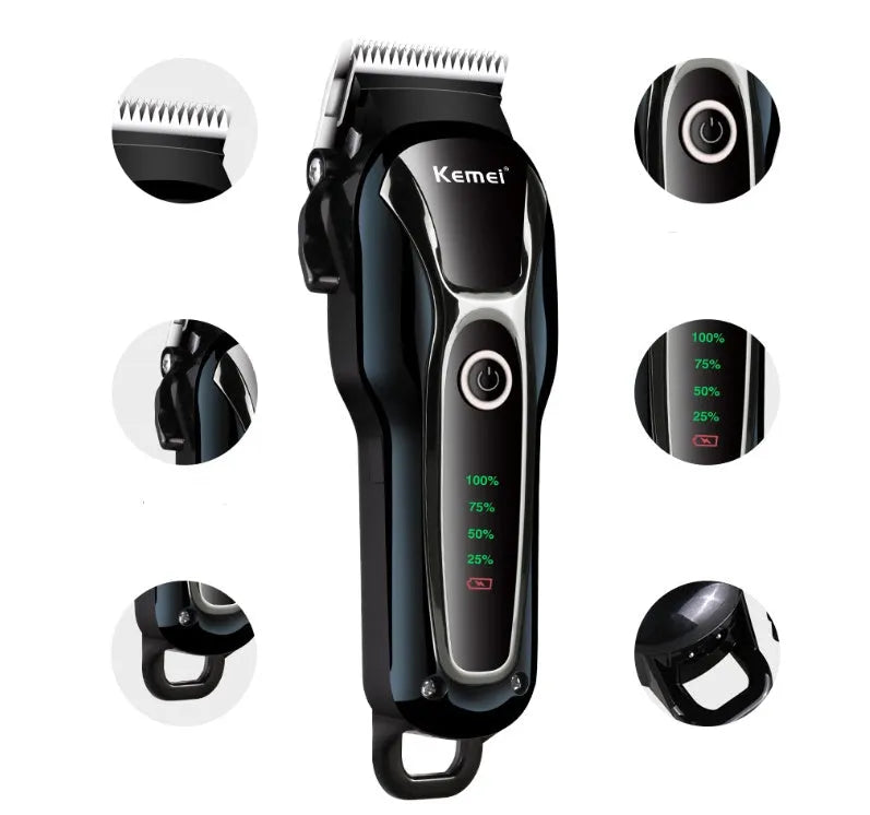 Black rechargeable pet fader clipper with patented blade on white background