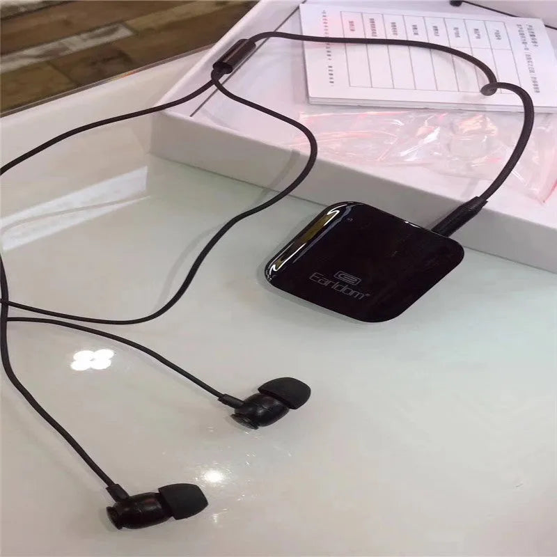 Bluetooth lavalier headset in black, grey, or red colours with 10-metre wireless range for hands-free communication