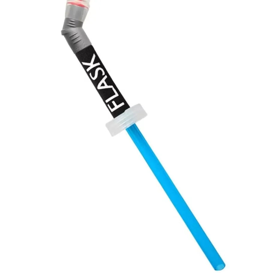 Grey portable water filter straw with textured grip and long flexible silicone tube, shown with a carabiner clip.