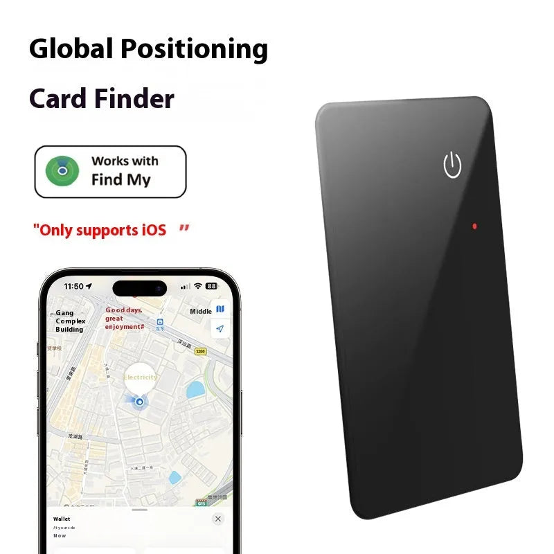 Black pet tracking card with wireless charging, 85mm by 54mm dimensions and hanging hole for collar attachment