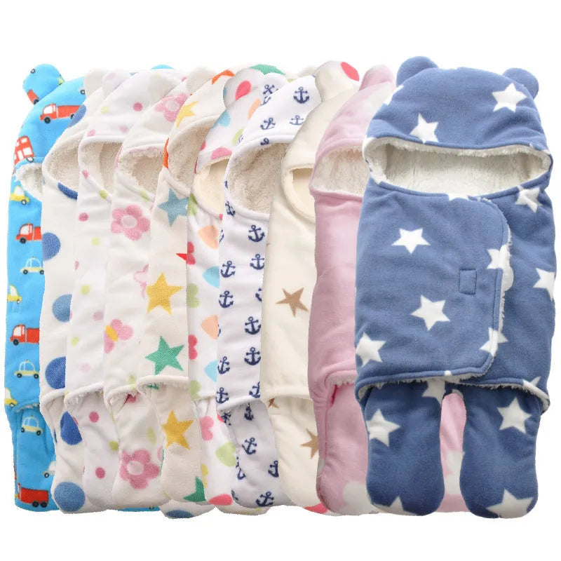 Fleece newborn blanket sleeping bag in L 78x86cm or S 65x75cm with cartoon, floral or dotted pattern