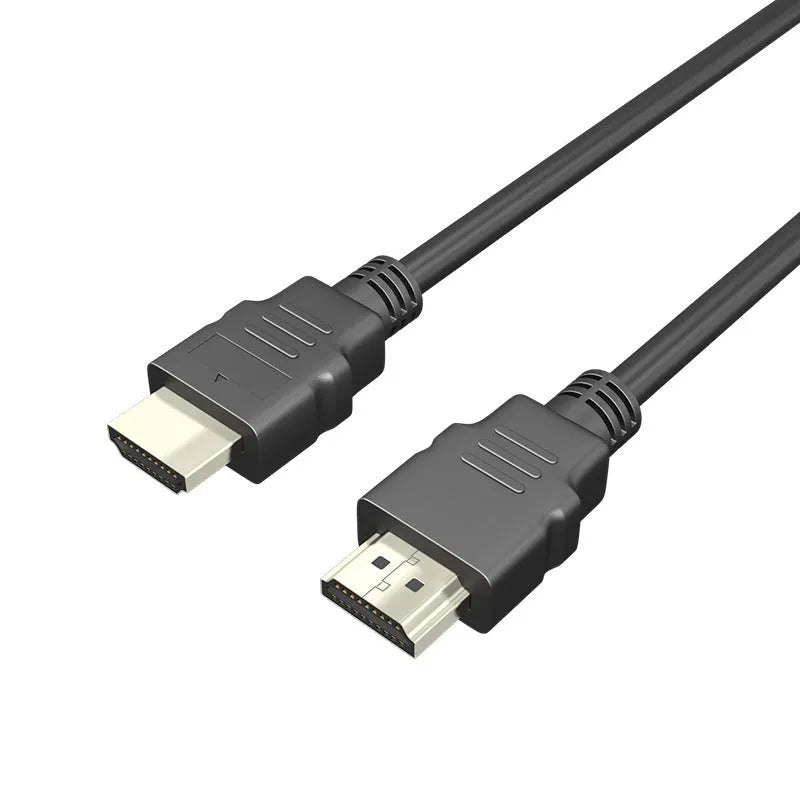 Black HDMI data cable with metal connectors for connecting a set-top box to a television.
