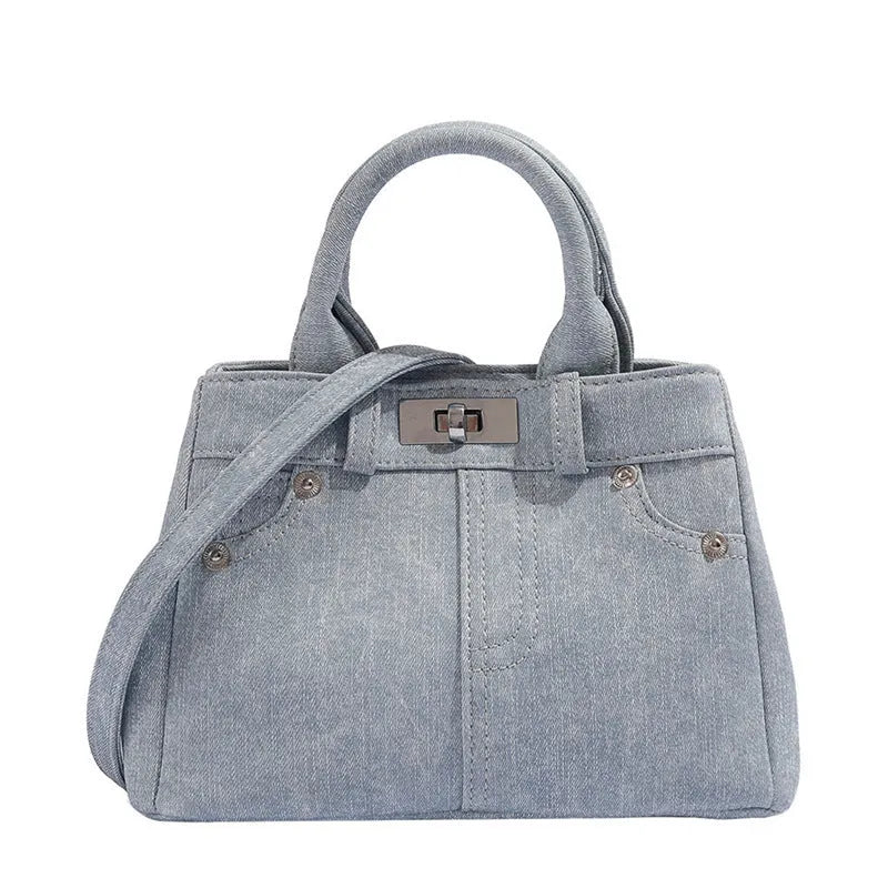 Women's soft PU commuter shoulder bag in denim blue or white with standard size and polyester lining