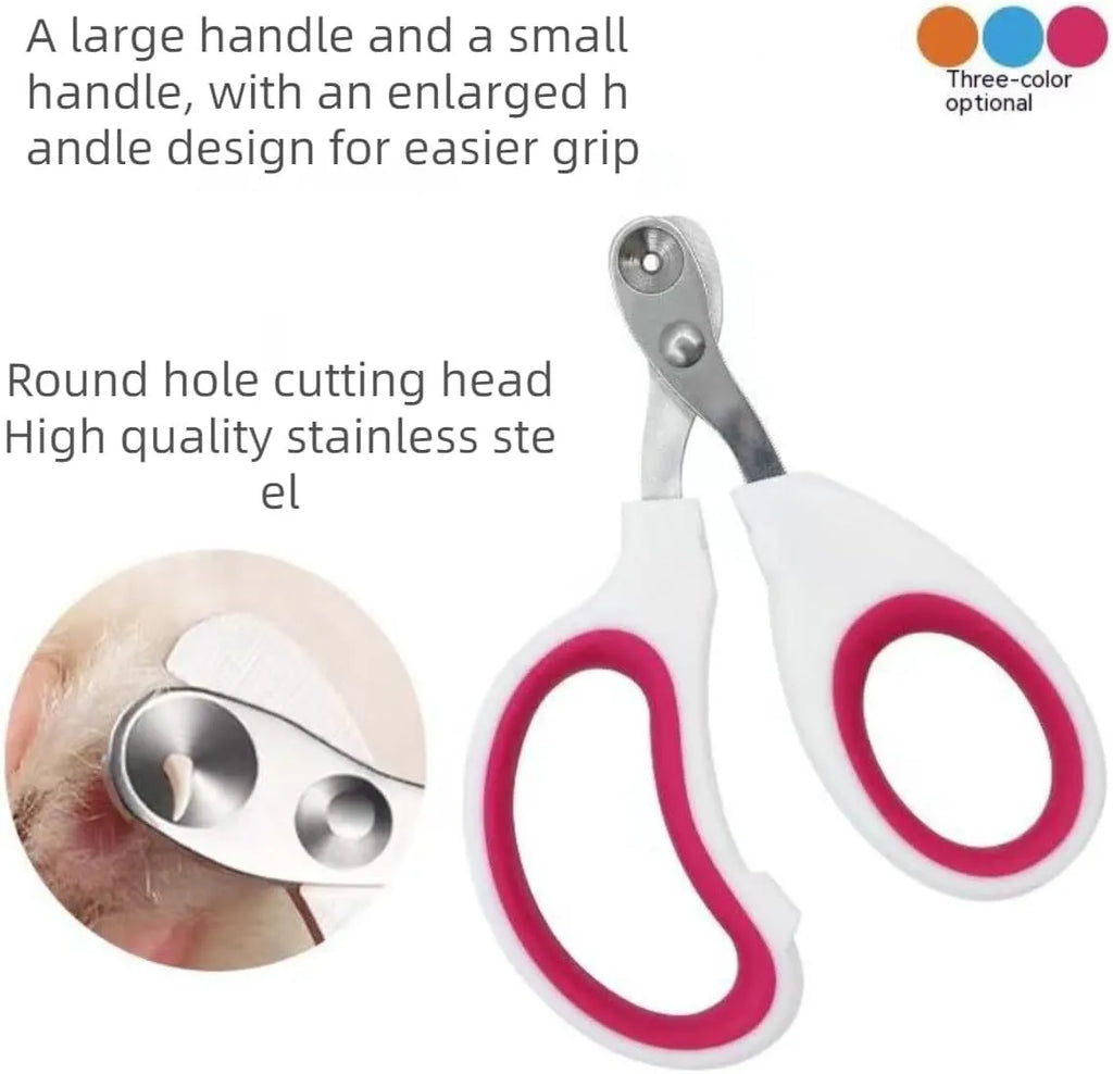 Blue cat nail clippers with circular cut hole design and cushioned non-slip handles.