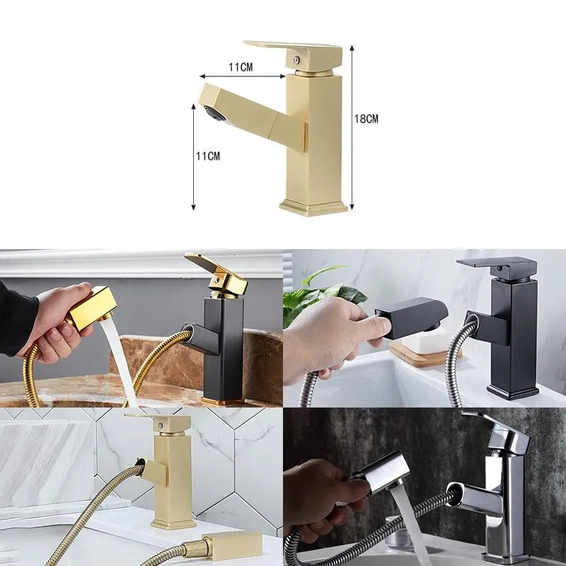 Square pull-action faucet in brushed gold finish for kitchen or bathroom sink.