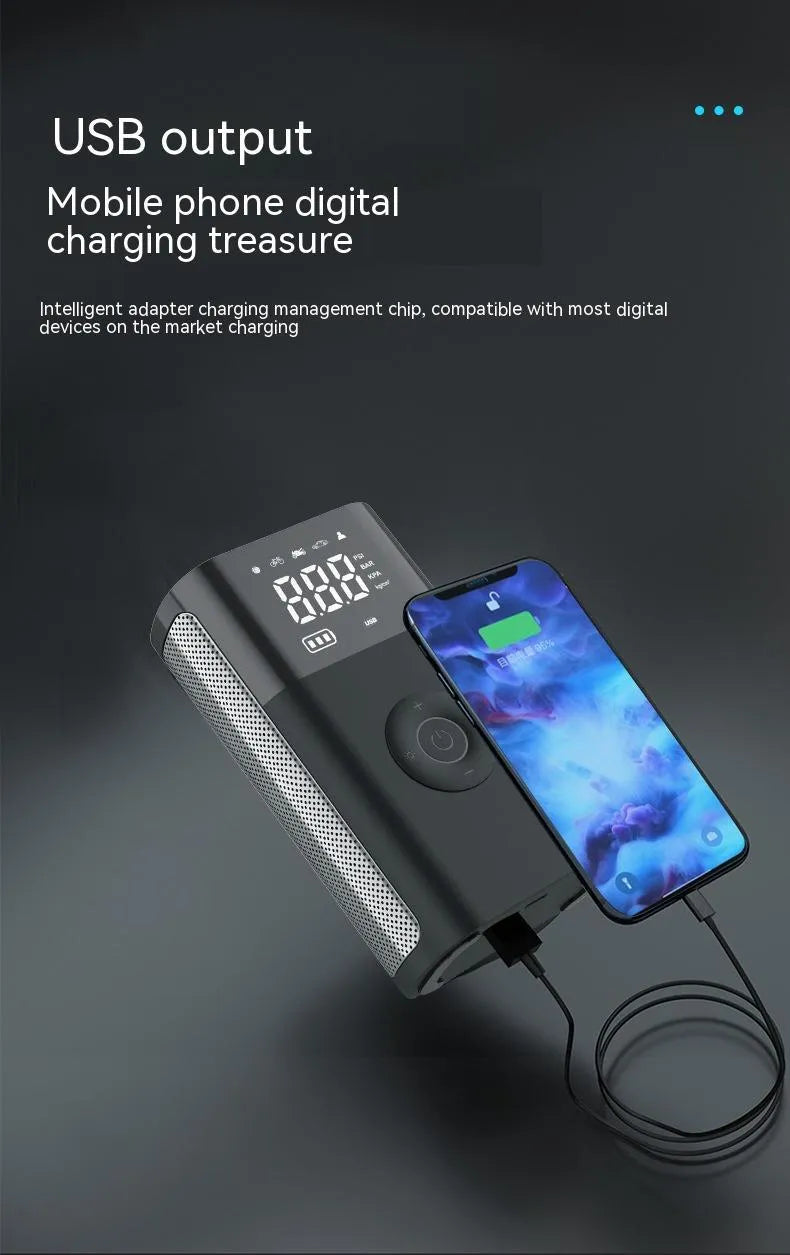 Black handheld wireless digital tyre inflator with LCD screen, showing pressure reading, with accessory nozzles