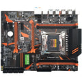 Black X99 desktop motherboard with LGA2011-3 socket, four DDR4 slots, and dual PCIe x16 slots.