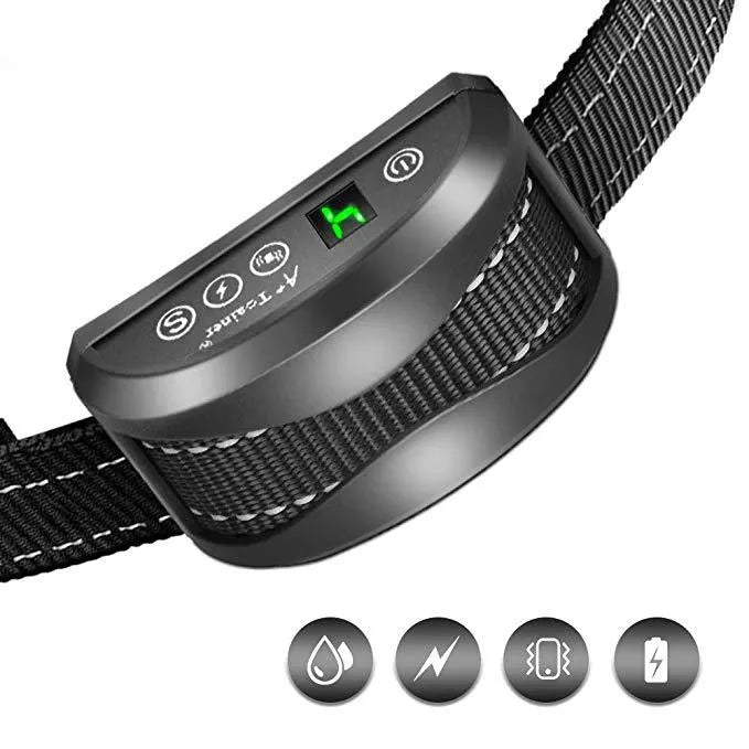 Electronic bark collar with digital display showing correction level on adjustable nylon strap
