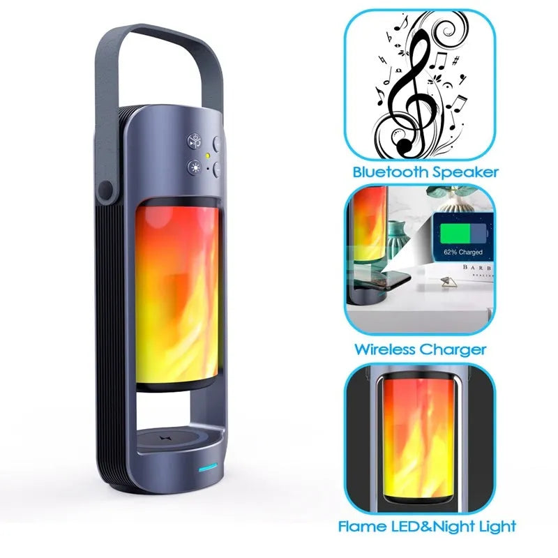 Blue portable Bluetooth speaker with dancing flame light effect showing wireless charging capability