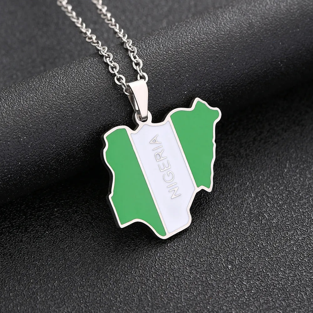 Stainless steel Africa Nigeria map pendant necklace with dripping oil finish on a white background