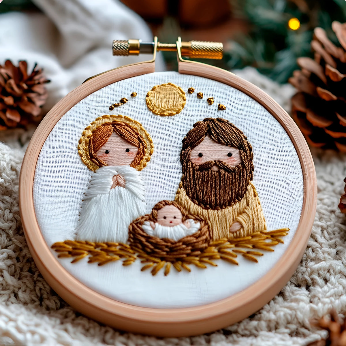 Vintage embroidery DIY material kit with 24cm x 24cm cotton linen cloth, Jesus cross landscape pattern and tools