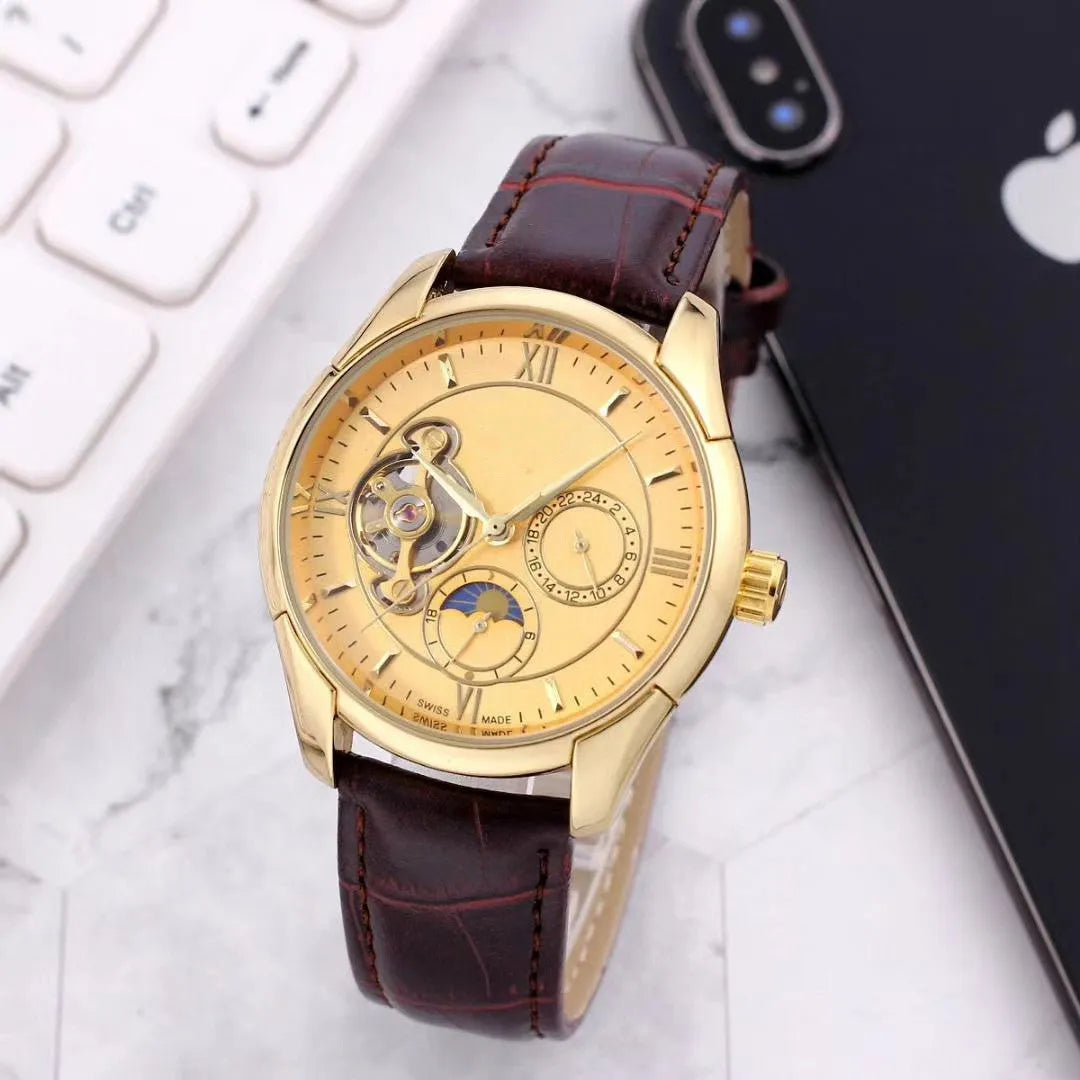 40.5mm mechanical watch with leather strap, stainless steel horseshoe buckle and spiral crown