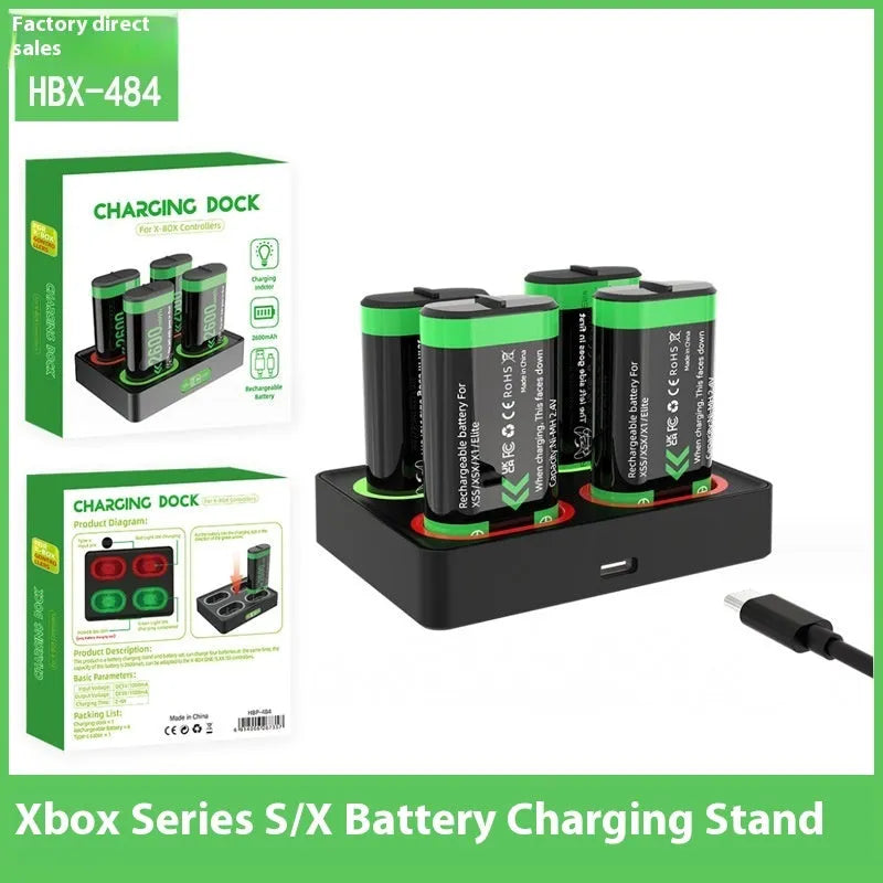 Black ABS battery charging base for Xbox One and Xbox Series S X controllers, 147 x 139 x 22 mm