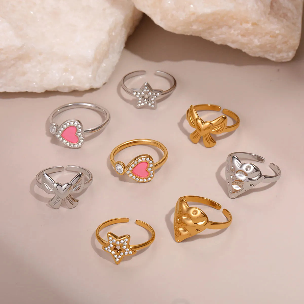 Heart-shaped titanium steel open ring for women in electroplated stainless steel, average size, one pair