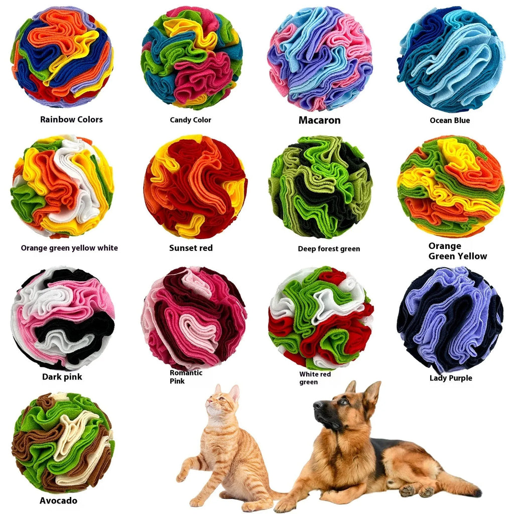 Polar fleece pet sniffing toy ball in rainbow colour for dogs, 10cm diameter, on white background