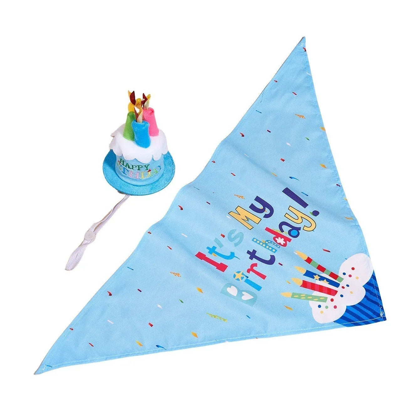 Printed polyester dog birthday hat and drool towel set in cartoon style with blue and pink colour options.