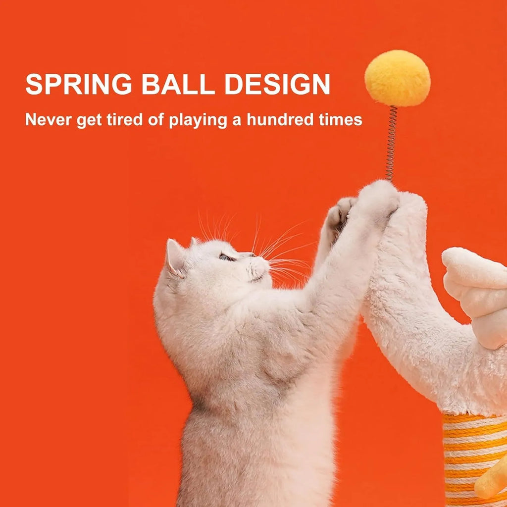 Tall sisal rope cat scratching post with a curved surface and a spring ball on top