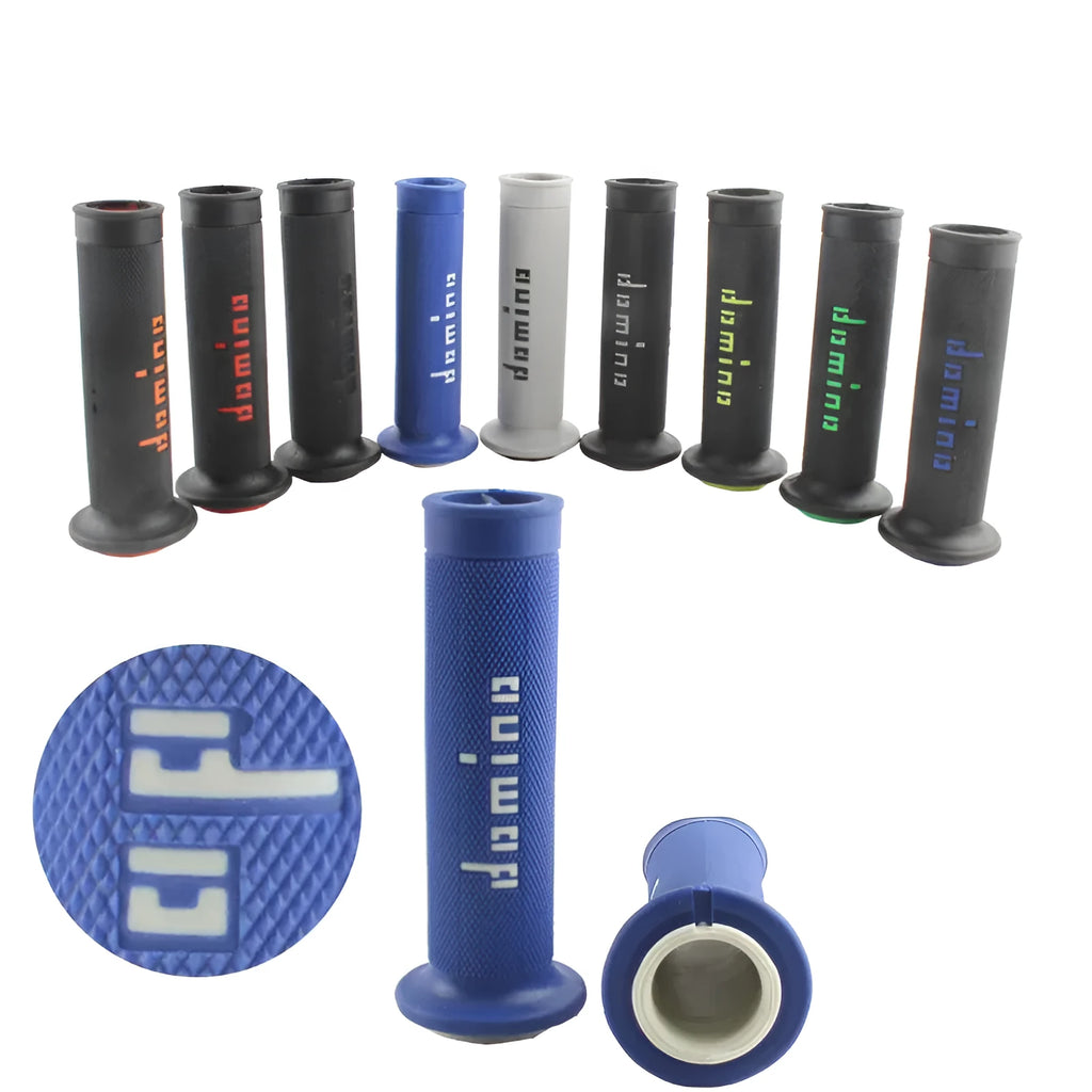 Pair of motorcycle handle gel grips in rubber material showing colour options and 22mm 24mm sizes.