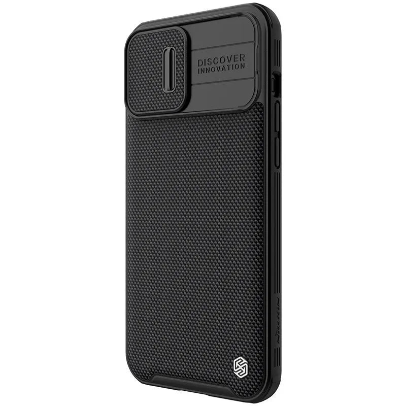 Black textured sliding back cover phone case for iPhone 13 Pro Max with PC and TPU construction