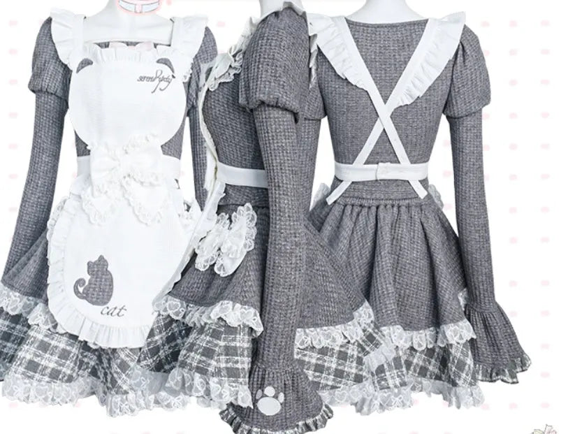 Grey knitted top, kitten embroidered apron, and grey knitted cake dress set for women, three pieces, sizes S and M