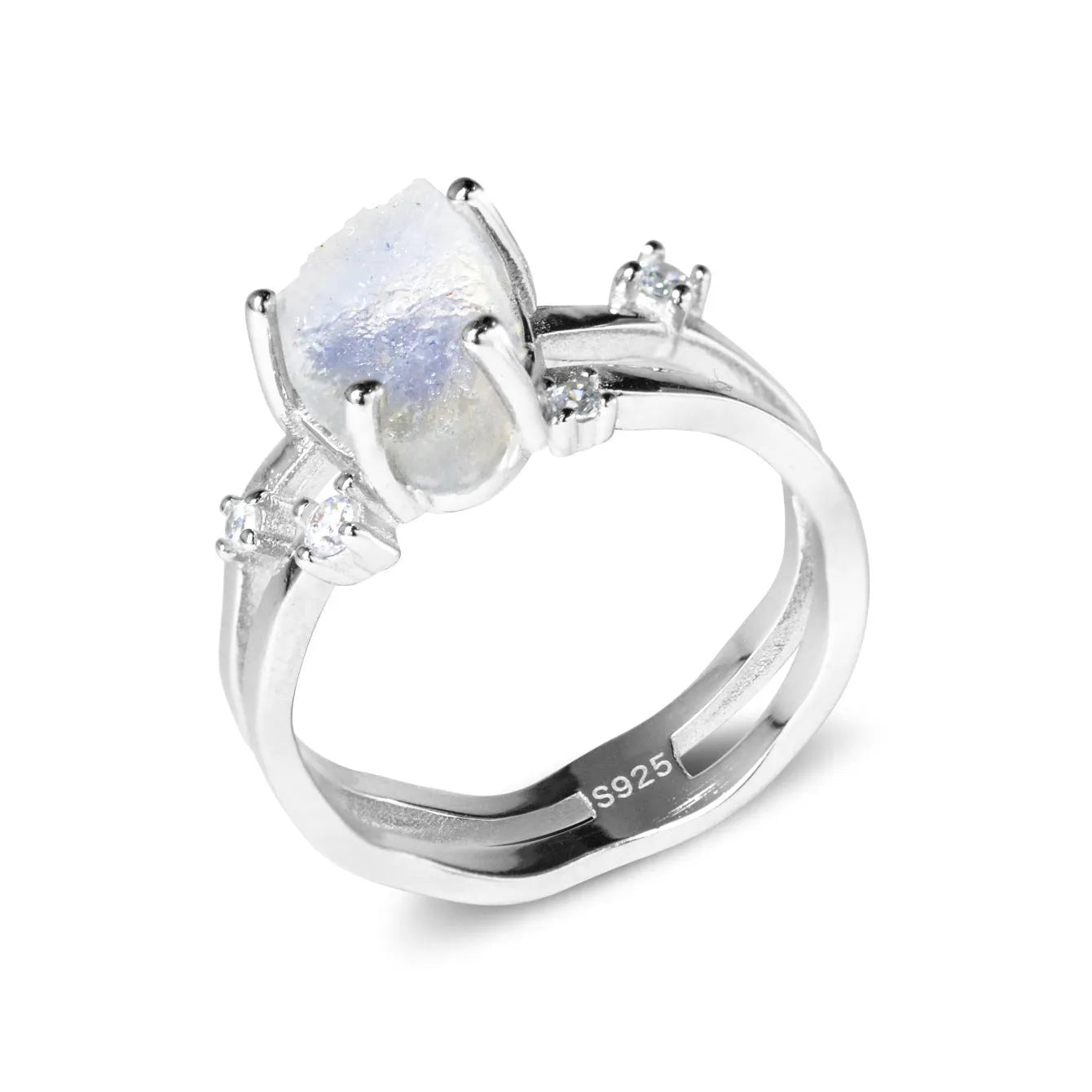 S925 sterling silver moonstone ring with irregular triangle geometry on model finger