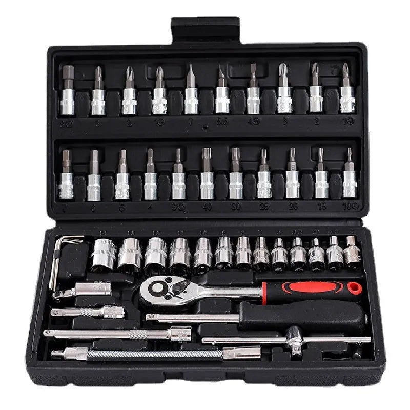 Chromium vanadium steel socket ratchet wrench set with multiple socket sizes on a rail.