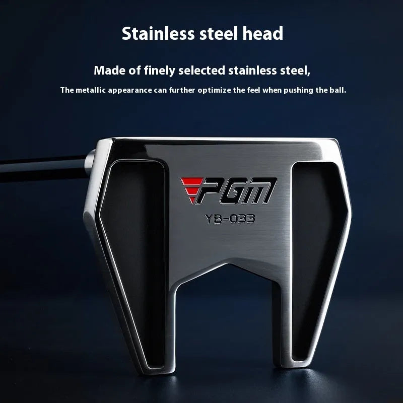 PGM left-hand standing putter in silver and black with stainless steel head, carbon shaft, aiming line, and head cover.