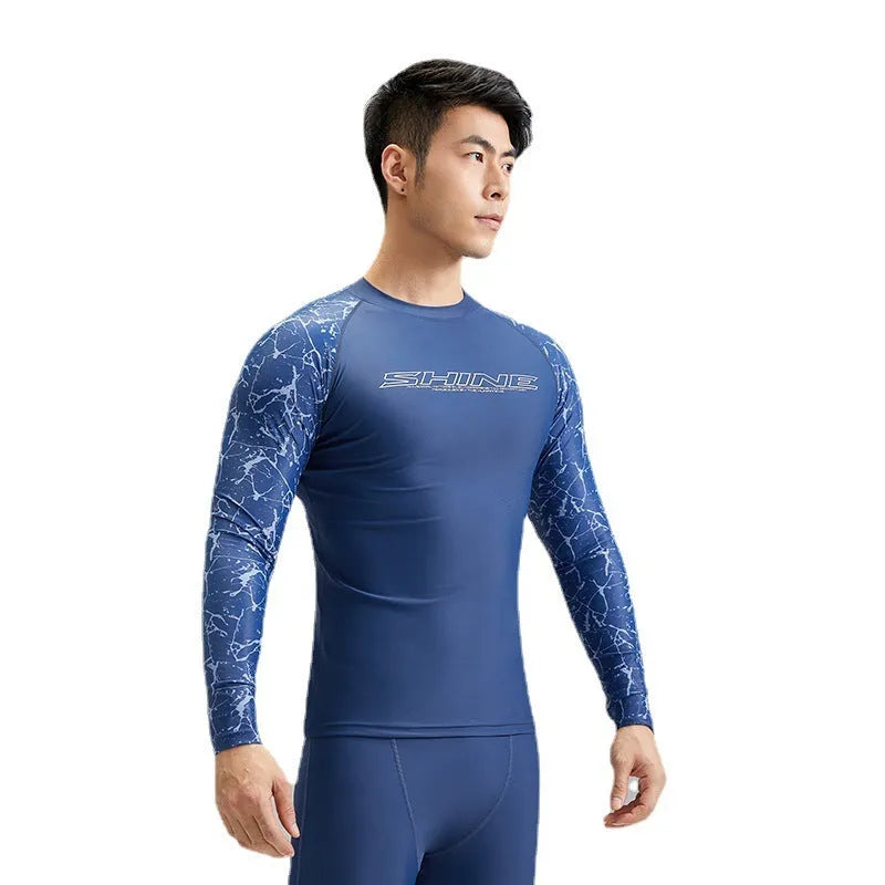Men's dark blue patterned nylon swimwear set with top and shorts on size chart.