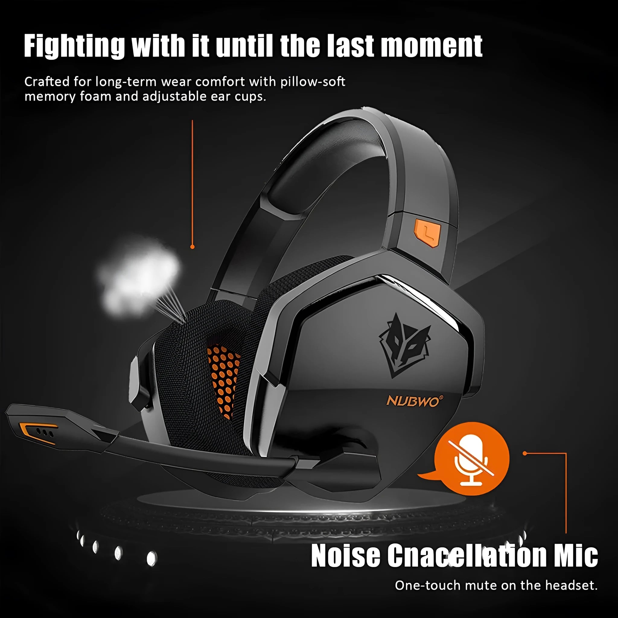 Black and orange wireless gaming headset with over-ear cups and a built-in microphone.