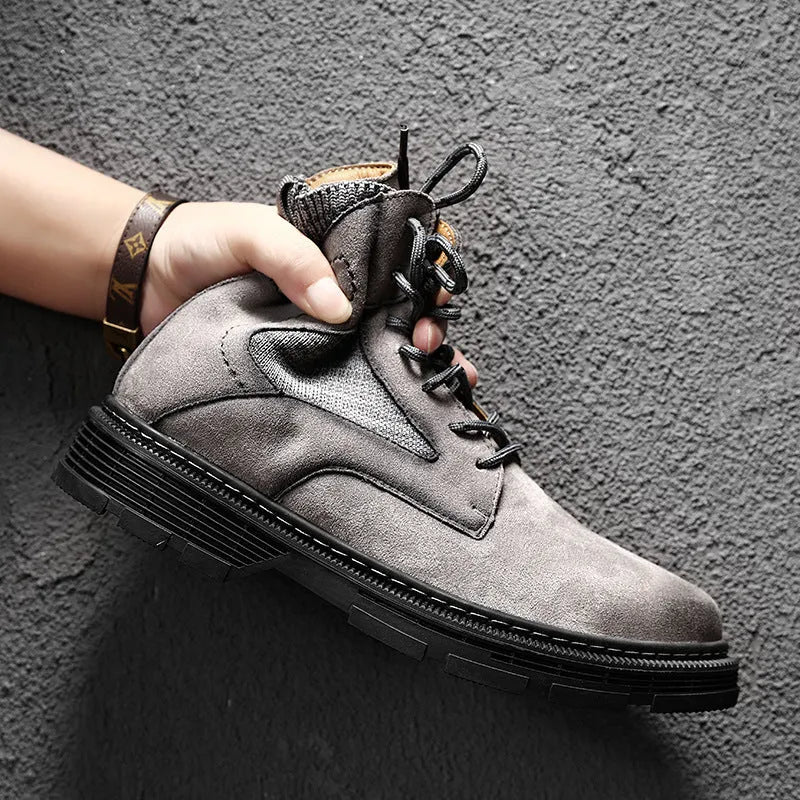 Men's vintage Martin boots in sand colour with frosted leather texture and thick rubber sole.