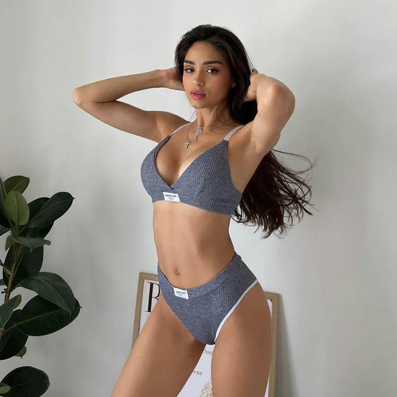 Women's contrast embroidery bikini set in polyester available in black, grey, and white colours