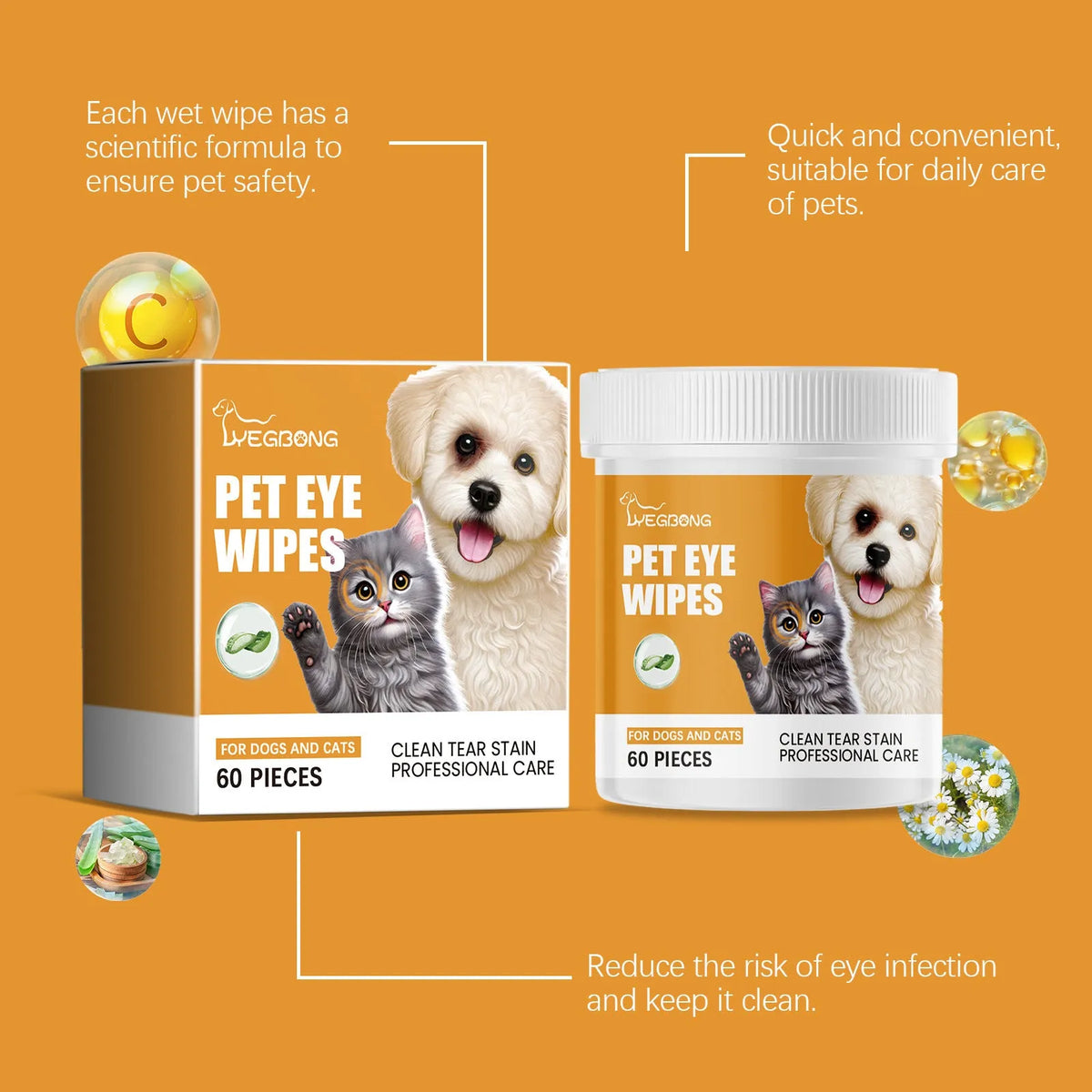 Box of 60 pieces Dogs And Cats Eyes Wet Wipes for removing tear stains from dogs and cats