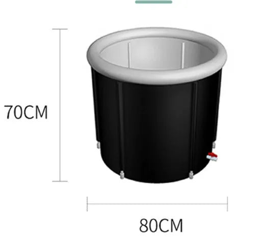 Black inflatable portable ice bath tub with elasticated cover, shown with air pump and drainage accessories