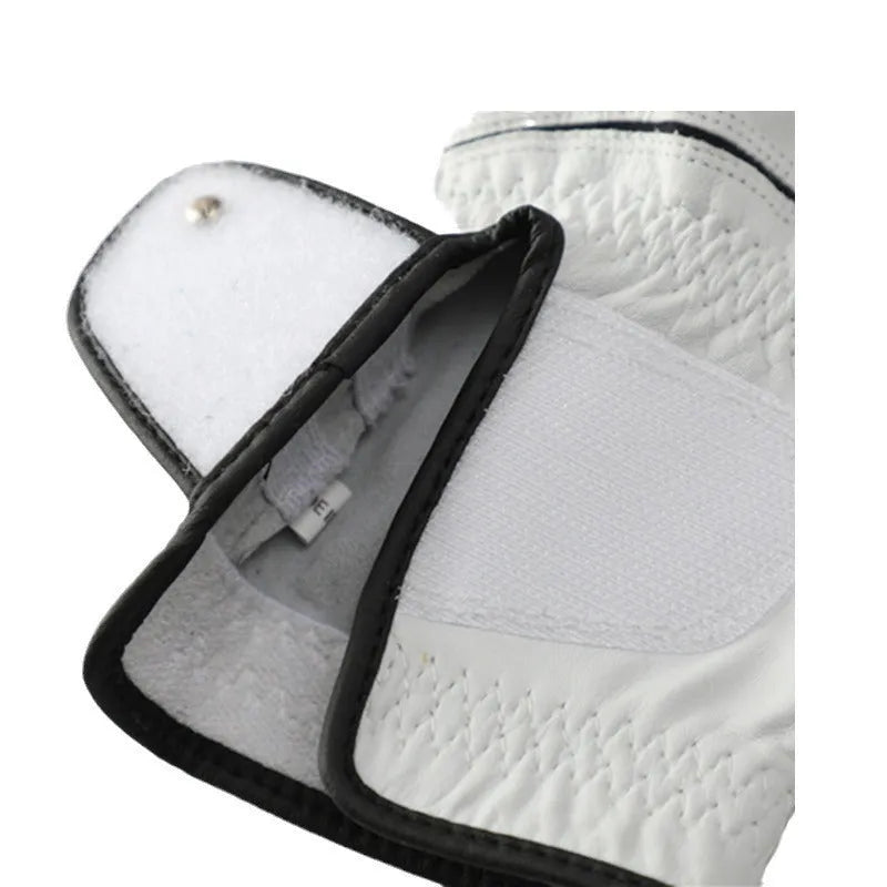 White men's golf glove with half sheepskin palm, shown laid flat.