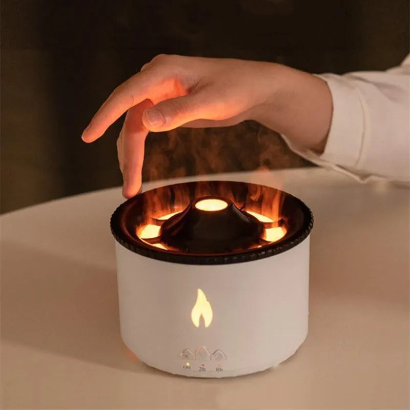 Black columnar ultrasonic essential oil humidifier diffuser with flame and jellyfish effects, 350ml, three fog outlets, 36dB quiet